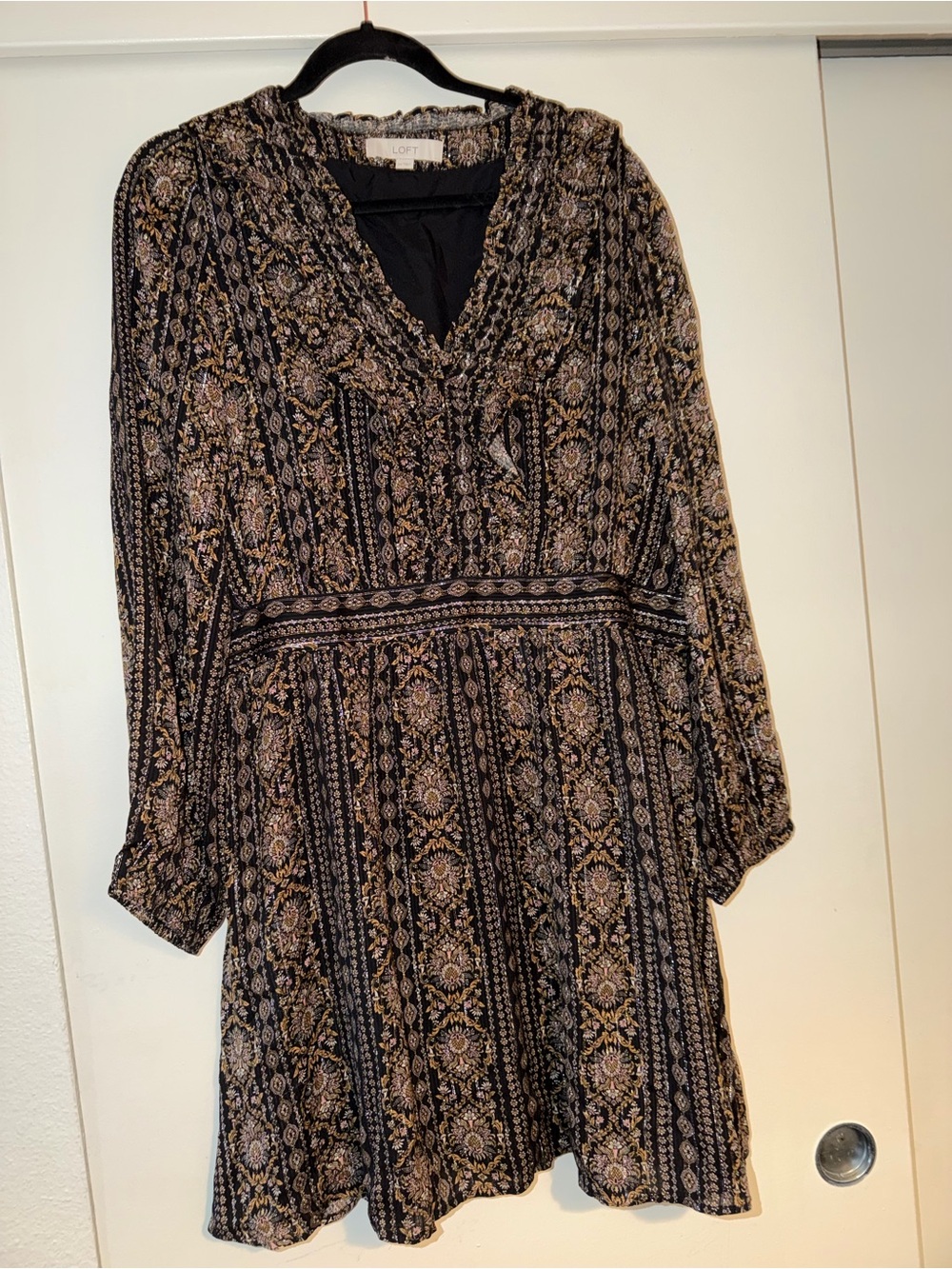LOFT Black Paisley Mini Dress with Cream Accents